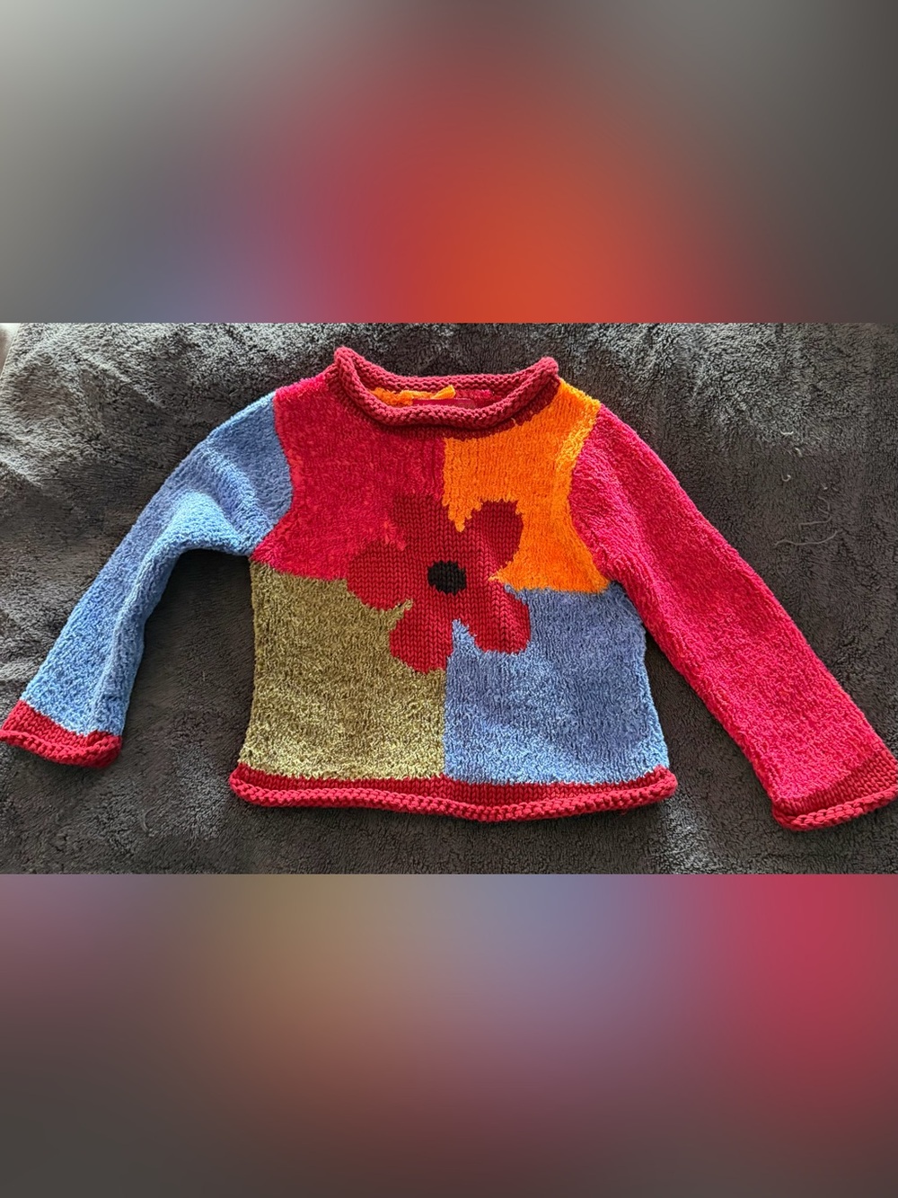 Child’s Colorblock Floral Crewneck Sweater - Red/Pink/Blue